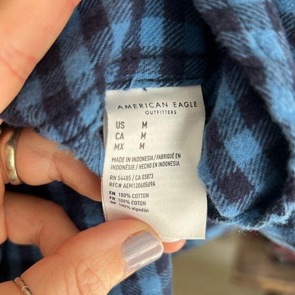 American Eagle Medium Blue and Black Plaid Button Down - Picture 3 of 4